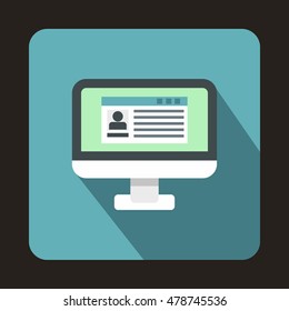 Profile information on a computer monitor icon in flat style on a baby blue background vector illustration