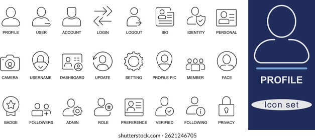 Conjunto de iones de perfil. Este conjunto de iconos de perfil cuenta con 30 diseños de líneas de arte limpios y modernos perfectos para la interfaz de usuario, avatar, Cuenta, Configuraciones, Inicio de sesión y proyectos relacionados con el equipo