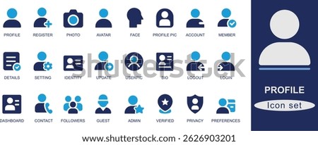 Profile ion set. This profile icon set features clean, modern flat designs perfect for user interface, avatar, account, settings, login, and team-related projects.
