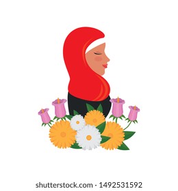 profile of islamic woman with traditional burka and garden flowers