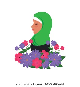 profile of islamic woman with traditional burka and garden flowers
