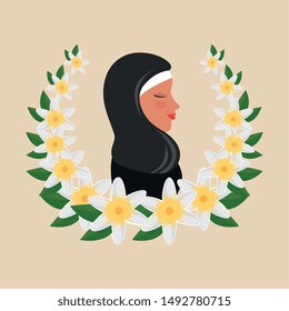 profile of islamic woman with traditional burka in floral wreath