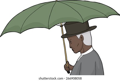 Profile of isolated cartoon of elderly man with umbrella