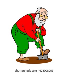 Profile isolated fun adult vector caricature male character grandfather outside old drawing one shovel elder gardening portrait beard funny support elderly illustration pension lifestyle healthy retro