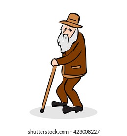 Profile isolated stick fun hat brown adult vector caricature male character grandfather active outside old drawing one vertical elder walk hunched portrait beard funny elderly support illustration 