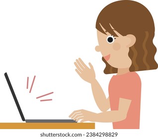 Profile of a Japanese woman having an online conversation using a laptop