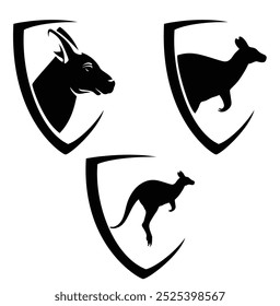 Perfil saltando canguro y cabeza de animal en escudo heráldico simple - conjunto de diseño de Vector de fauna australiana en blanco y negro