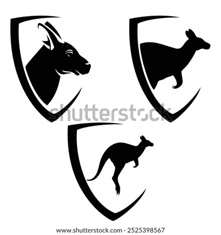 profile jumping kangaroo and animal head in simple heraldic shield - black and white australian fauna vector design set