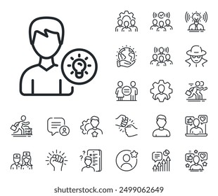 Profile with Lamp bulb sign. Specialist, doctor and job competition outline icons. User line icon. Male Person silhouette with idea symbol. Person idea line sign. Vector