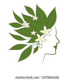 Profile line of woman with flowers and orange blossom leaves as hair