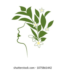 Profile line of woman with flowers and orange blossom leaves as hair