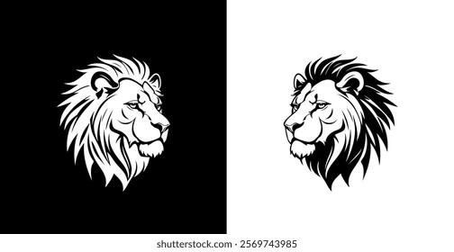 Profile of lions head, majestic, simple black and white logo. 