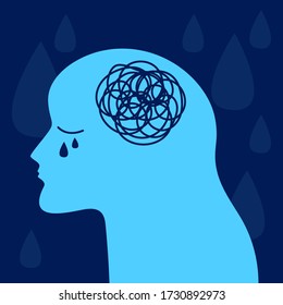 Profile of lonely crying girl with tangle of thoughts in her head. Symbol of sadness, sadness and depression. Vector illustration