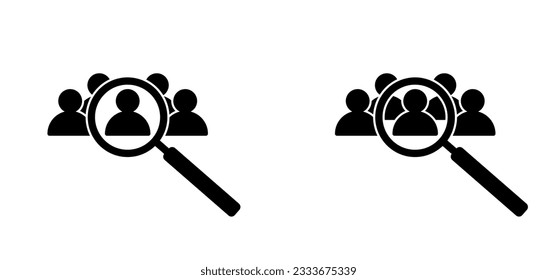 Profile and magnifying glass. Stickman, search job vacancy icon. Recruitment symbol. Hiring set. People symbol. We're Hiring, Join Our Team. Find candidate for contract. Talent worker. account sign.