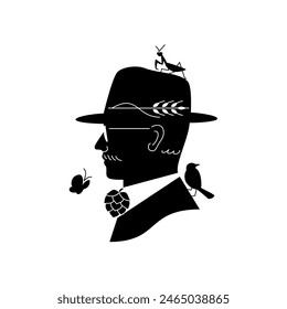 profile of a male, insects and bird, wheat ears and hop, black silhouette vector symbol illustration