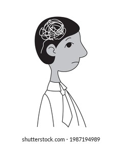 Profile of a male manager with white scribbles in his head. Stress and psychological problems vector icon. Flat line style, human profile, white background.