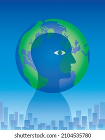 Profile of a man against a cityscape. Behind him is a large Planet Earth. Also, the iris of his eye is a small Planet Earth