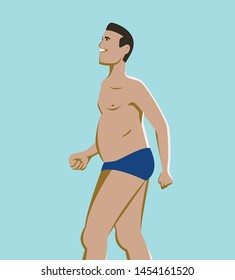 Profile of man in blue swimsuit smiling