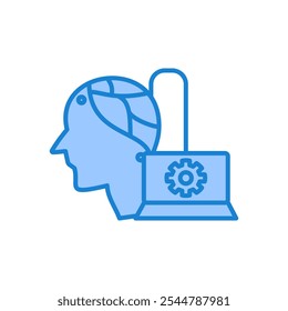 Profile of man with brain connected to laptop with equipment; suitable for technology, artificial intelligence, innovation and digital concepts. icons on a white background.