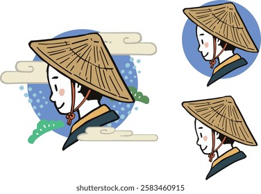 Profile of a man in the Edo period wearing a hat Illustration set