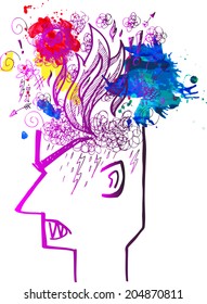 Profile of man full of angry thoughts.