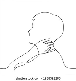 The profile of a man holding his lower nape is one line drawing. Concentration of meditation, self-massage, neck pain