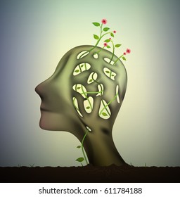 profile of the man with plant flower growing inside his head, refresh the nerve system,  concept of growing new idea, surrealistic portrait of nature, spirit of forest, vector