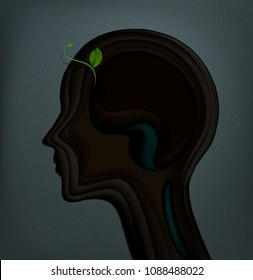 profile of the man with plant sprout growing inside human head, think  
about nature, refresh the nerve system, vector
