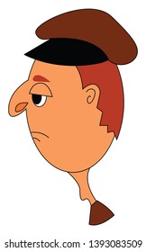 A profile of a man with a sad face and a big brown cap vector color drawing or illustration