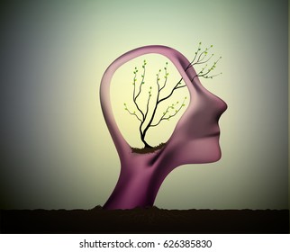 profile of the man with tree growing inside his head, think positive, refresh the nerve system, vector