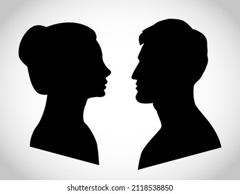 Perfil de un hombre y una mujer mirando a los ojos del otro. Silueta vectorial aislada sobre fondo blanco. Cara de un hombre y una mujer, vista lateral.