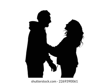 Profile of a man and a woman looking into each other's eyes. Vector silhouette isolated on white background. Face of a man and a woman, side view.