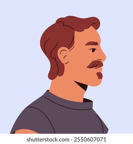 Perfil do homem com estilo de barba zappa. Retrato de pessoa moderna com penteado elegante. Rosto masculino com remendo de alma, avatar de vista lateral bigode com forma quadrada. Ilustração de vetor isolado plano