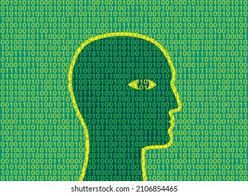 Profile of a man's head against a background of digital 0s and 1s