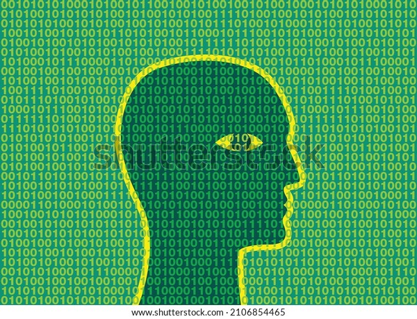 Profile of a man\'s head against a background of\
digital 0s and 1s