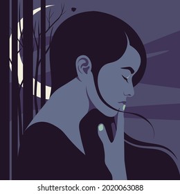 The Profile Of A Melancholy Woman On The Night Background. Loneliness And Depression. Vector Flat Illustration