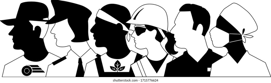 Profile of members of essential workforce, EPS 8 vector illustration, no white objects, black silhouette only	