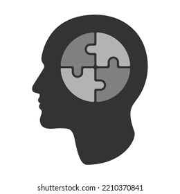 Profile men with jigsaw puzzle graphic icon. Psychology sign isolated on white background. Mental health symbol. Vector illustration