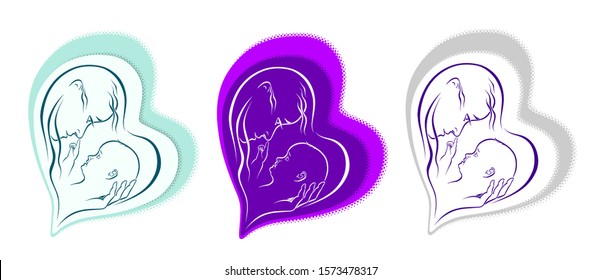 The profile of the mom and baby. They look at each other, the child reaches for his mother's face. Their silhouettes are framed by contour in the form of a heart