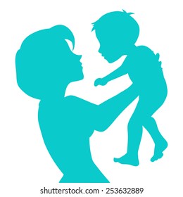 Profile of mother's silhouette with her baby. Mother carefully holds in arms the kid and looks at him. Color vector illustration with beautiful woman and child.