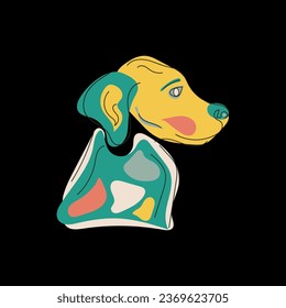 Profile of multicolored green-yellow dog on black background. Line art style. Cute colorful vector illustration	