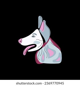 Profile of multicolored sheepdog on black background. Line art style. Cute colorful vector illustration