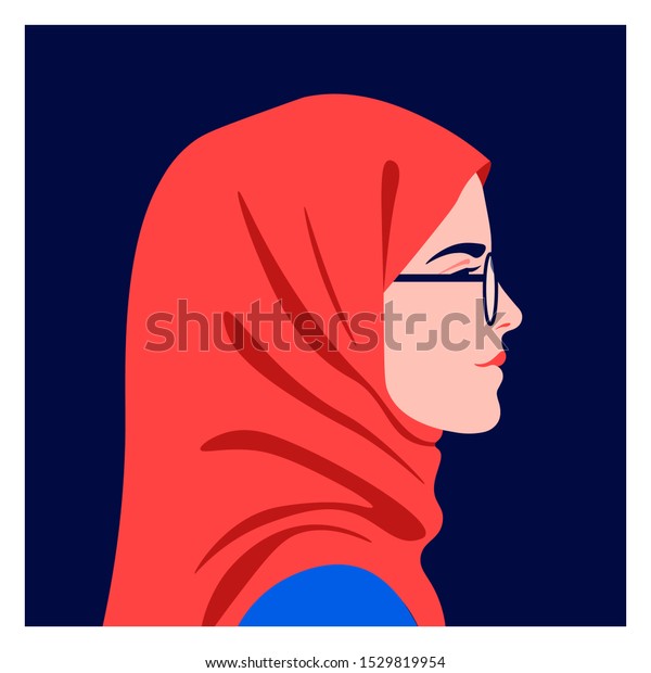 Profile of a muslim girl. Side view of an\
Arab student in headscarf. Avatar of a teenager in glasses. Vector\
flat illustration