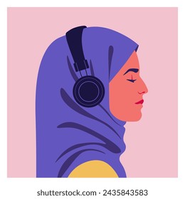 Perfil de una mujer musulmana que escucha música en los auriculares. Musicoterapia. Vista lateral de un estudiante árabe con pañuelo en la cabeza. Avatar de un adolescente. Ilustración plana del vector