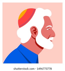 Profile of an old jew man. The face of the grandfather is on the side. Avatar. Vector Flat Illustration