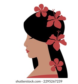 Profile of Pacific Islander woman with tropical flowers in the hair