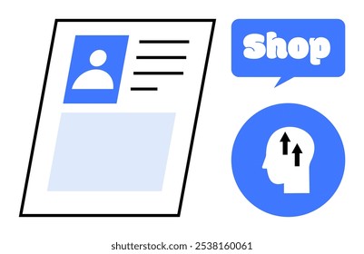 Profile page alongside a shop button and head with arrows symbolizing brainstorming. Ideal for online store, e-commerce, user profile, business solutions, and creative thinking concepts. Simple