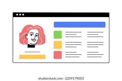 Profile page design for pc. Interface for programs and applications. Avatar and place for text, social networks. UI and UX design for website. Template and mock up. Cartoon flat vector illustration