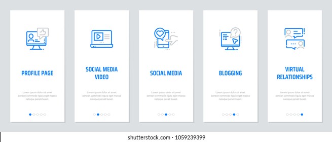 Profile page, Social media video, Social media, Blogging, Virtual relationships Vertical Cards with strong metaphors. Template for website design.