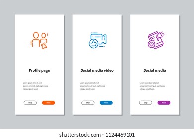 Profile page, Social media video, Social media onboarding screens with strong metaphors